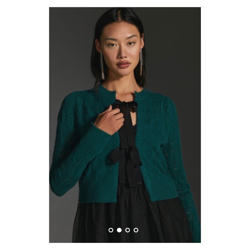 Maeve Cardigan Women Medium Green Cashmere Bow Tie Pointelle Knit Cropped Anthro